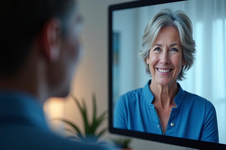 A professional and empathetic therapist on a video call with a client, the screen showing a calm and reassuring face. Represents virtual consultation.
