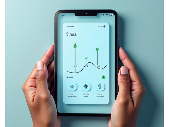 A digital interface displaying a graph showing a user's stress levels decreasing over time, with icons representing calming activities like meditation and deep breathing. Clean, minimal design.