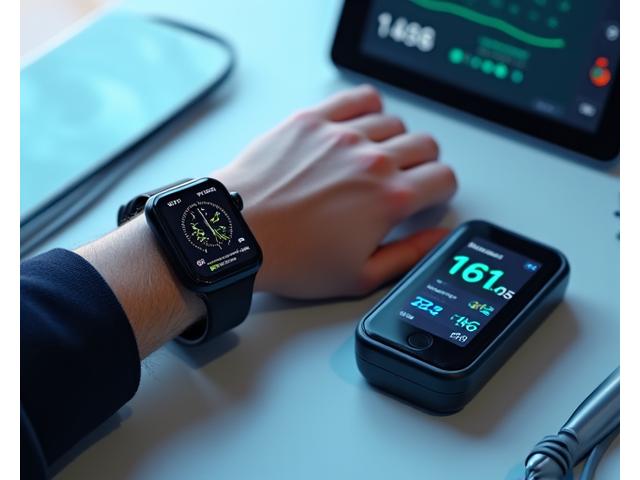 A person's wrist with a modern smartwatch displaying health metrics, alongside a sleek blood pressure monitor and a tablet showing a health app interface.